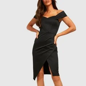 Boohoo Dresses Boohoo New Womens Sz 6 Black Scuba Off The Shoulder Wrap Midi Dress Poshmark